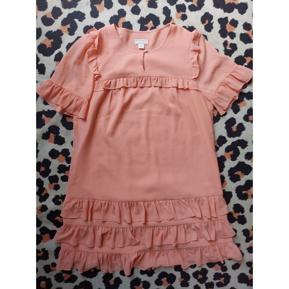 Point Sur J. Crew Peach Tiered Dress with Ruffles Keyhole Top Midi Length Sz 6